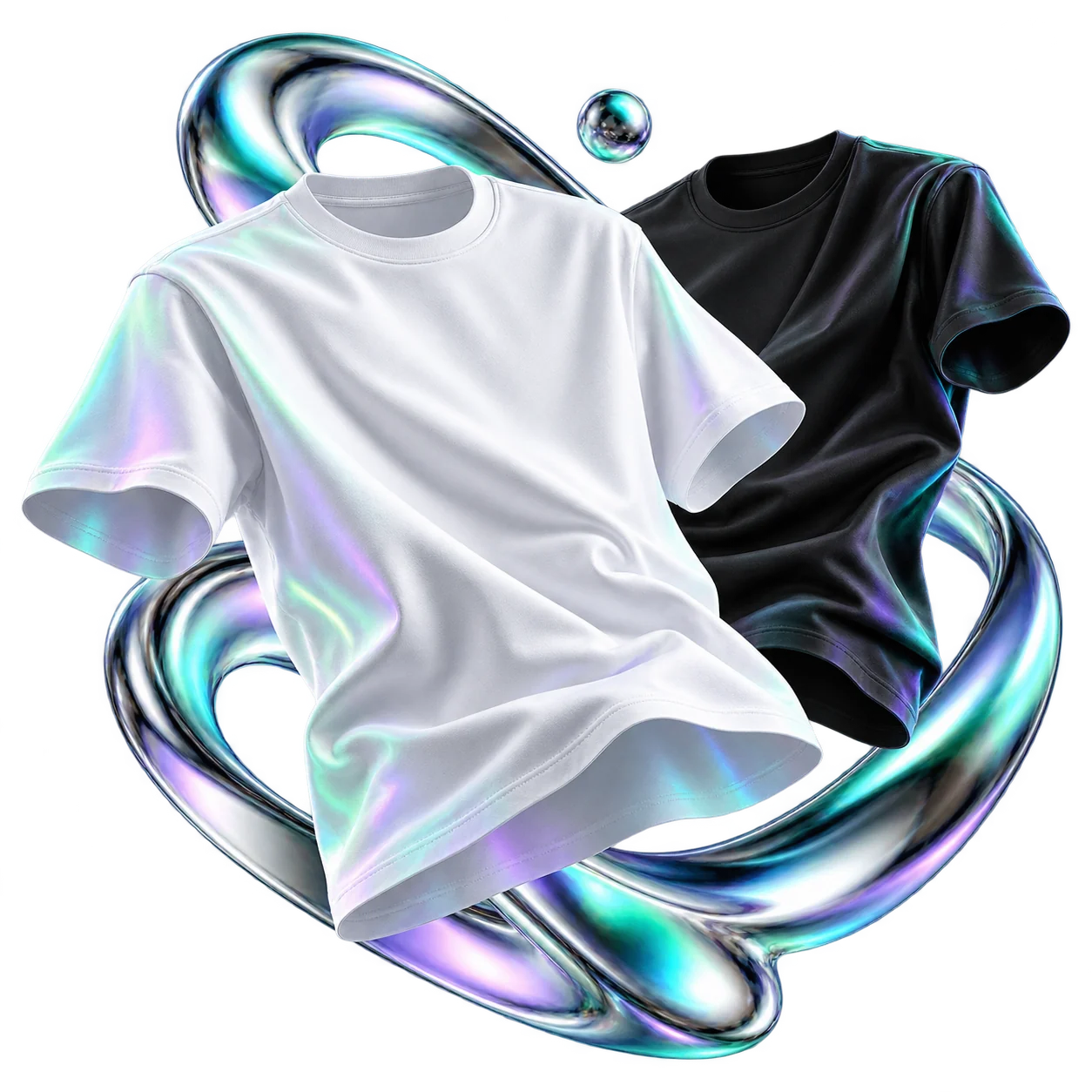 Camisetas blanca y negra con reflejos iridiscentes para personalización textil