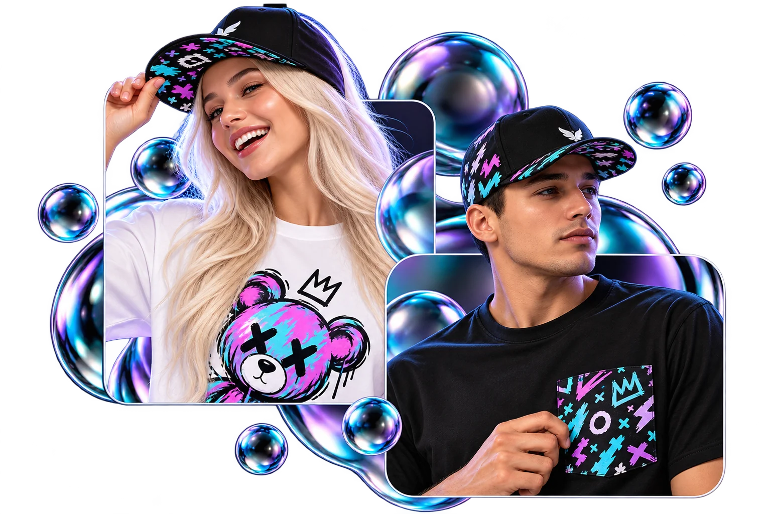 Modelos con camisetas y gorras personalizadas entre detalles iridiscentes
